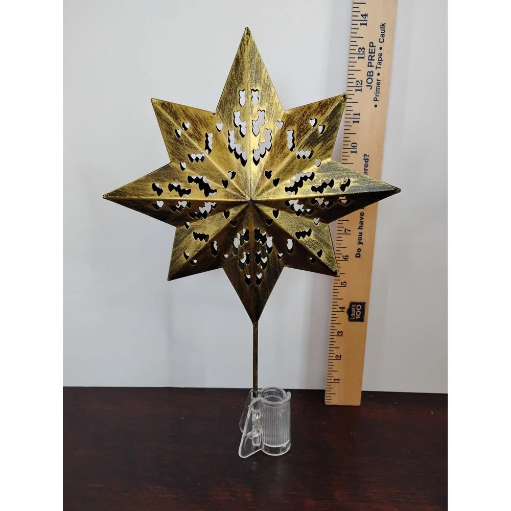 Antique Gold Metal Star Christmas Tree Topper Cut Out Heart Design 12.5 Inch